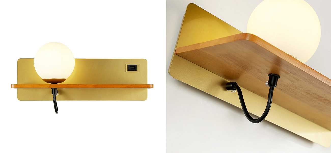 Бра с полкой Gold GAVIN WOOD USB Бра с полкой Gold GAVIN WOOD USB - Loft-Concept в Твери