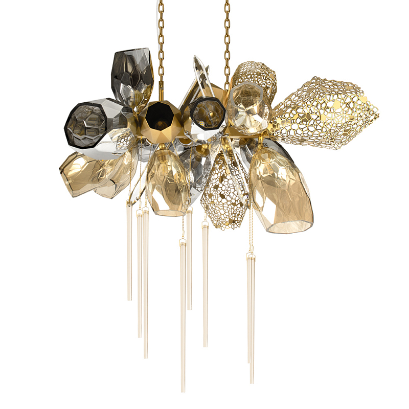 Люстра подвесная с 18-ю стеклянными плафонами с вертикальными подвесками Gilded Mirage  Дымчатый (Smoke) Золотой Прозрачный в Твери | Loft Concept 