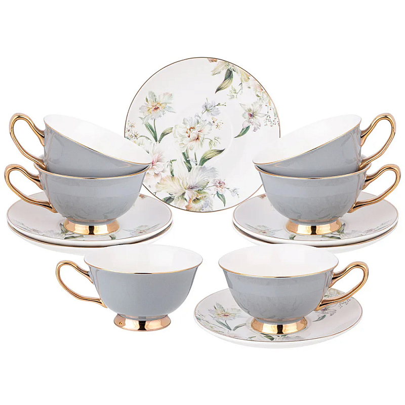 Чайный набор из фарфора на 6 персон Grey Tea Porcelain Set Белый Золотой Серый в Твери | Loft Concept 