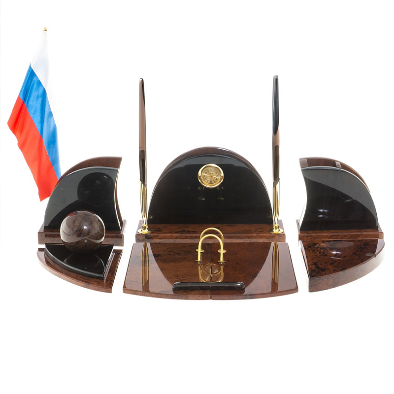 Настольный письменный набор с часами из природного камня обсидиана Oval Office Коричневый Бронза Настольный письменный набор с часами из природного камня обсидиана Oval Office Коричневый Бронза в Твери | Loft Concept