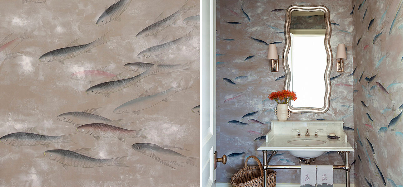Обои ручная роспись Fishes Blue Pearl on Lead Grey dyed silk with antiquing Обои ручная роспись Fishes Blue Pearl on Lead Grey dyed silk with antiquing - Loft-Concept в Твери