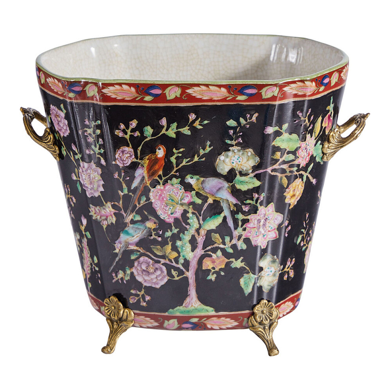 Кашпо из фарфора черная с цветочной росписью и бронзовой стрекозой Spring Garden Мульти Бронза Черный в Твери | Loft Concept 