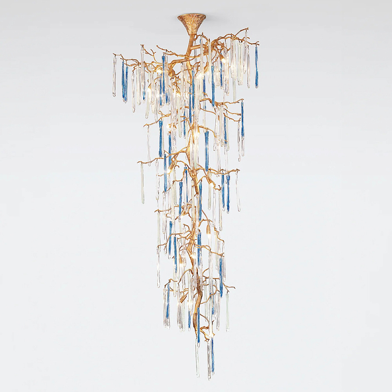 Люстра каскадная с прозрачными и голубыми подвесками в форме капель Droplet Chandelier Золотой Прозрачный Голубой Люстра каскадная с прозрачными и голубыми подвесками в форме капель Droplet Chandelier Золотой Прозрачный Голубой в Твери | Loft Concept