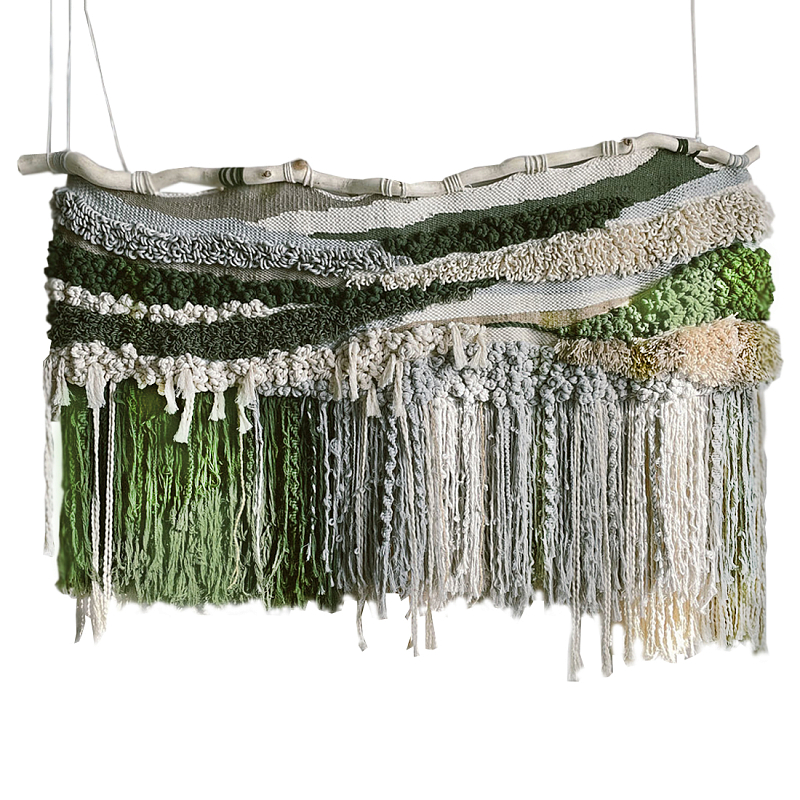 Дизайнерское текстильное Панно с зелеными вставками Бежевый Коричневый Зеленый в Твери | Loft Concept 