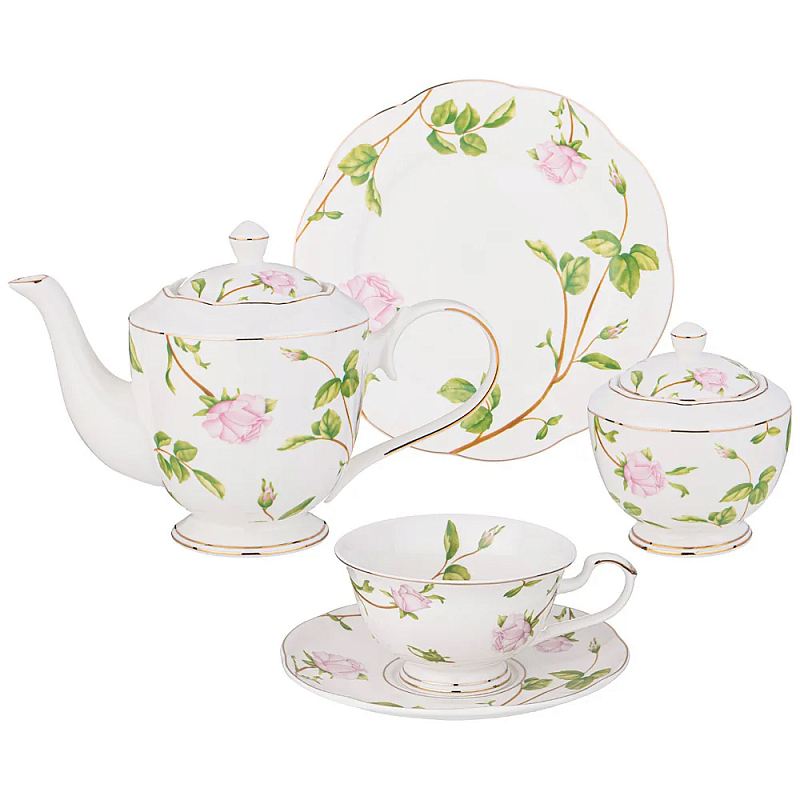 Чайный сервиз из фарфора белый с цветочным принтом на 6 персон 20 предметов Flower Porcelain Collection Белый Мульти в Твери | Loft Concept 