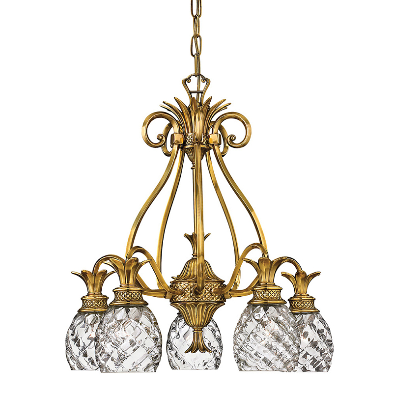 Люстра цвета латунь с 5-ю плафонами из рельефного стекла в форме ананаса Hinkley Латунь Прозрачное Стекло в Твери | Loft Concept 