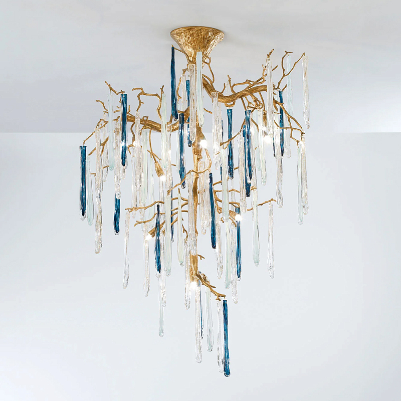 Люстра с прозрачными и голубыми подвесками в форме капель Droplet Chandelier Золотой Прозрачный Синий в Твери | Loft Concept 