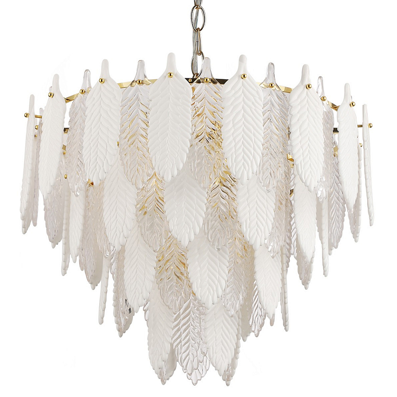 Люстра с декором из рельефного стекла в виде перьев Abelia Feather Chandelier 12 Белый Прозрачный Золотой Люстра с декором из рельефного стекла в виде перьев Abelia Feather Chandelier 12 Белый Прозрачный Золотой в Твери | Loft Concept