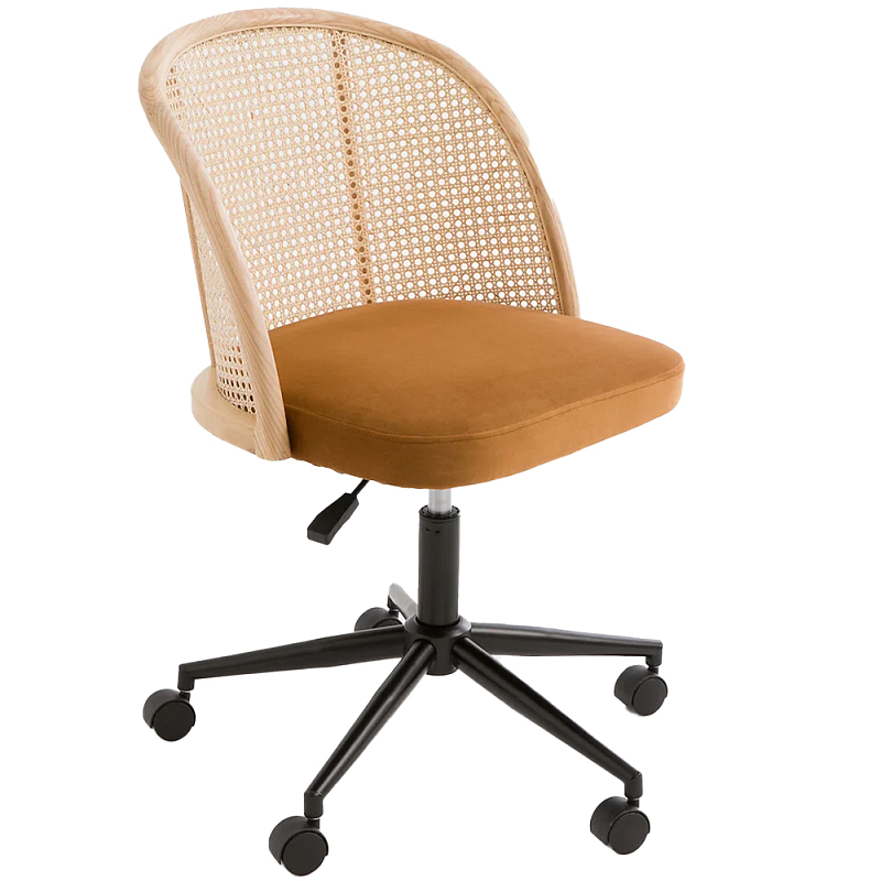 Офисное кресло из велюра и ротанга Eilwen Rattan Wicker Chair Бежевый Карамель Хром Черный Офисное кресло из велюра и ротанга Eilwen Rattan Wicker Chair Бежевый Карамель Хром Черный в Твери | Loft Concept