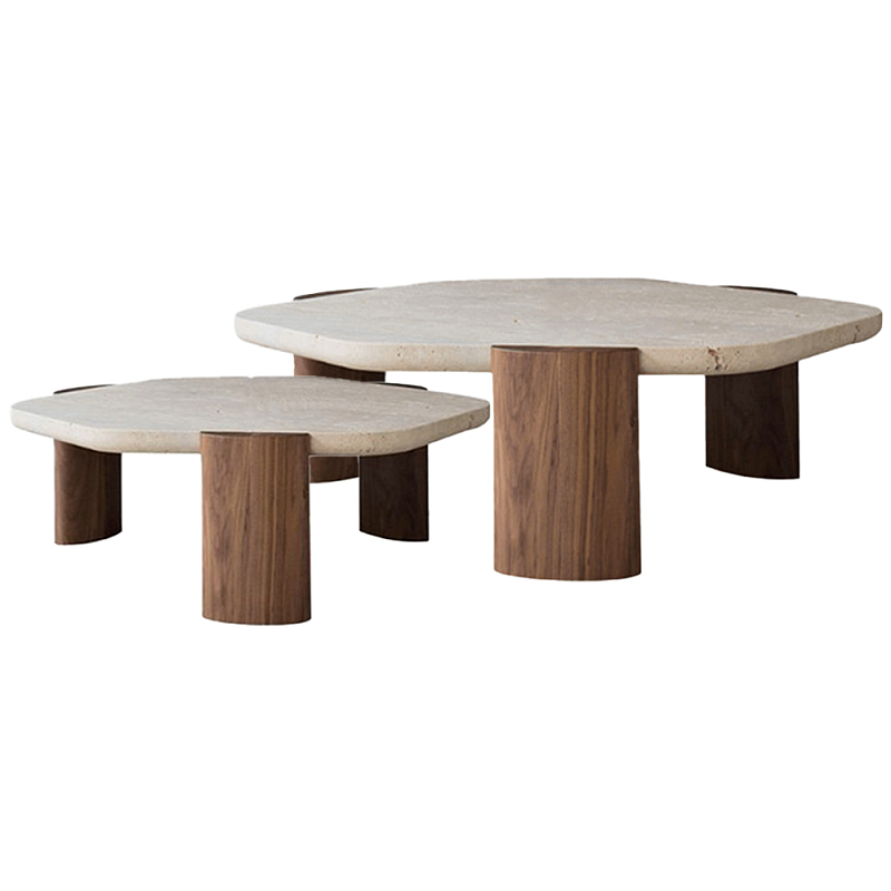 Комплект из 2-ух кофейных столов Gene Stone Wooden Coffee Table Бежево-серый Коричневый Орех Комплект из 2-ух кофейных столов Gene Stone Wooden Coffee Table Бежево-серый Коричневый Орех в Твери | Loft Concept