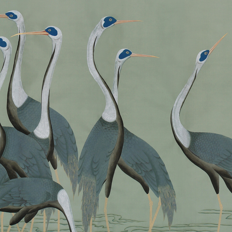 Обои ручная роспись Sarus Cranes Colourway SC-206 on Blue Grey dyed silk Обои ручная роспись Sarus Cranes Colourway SC-206 on Blue Grey dyed silk в Твери | Loft Concept