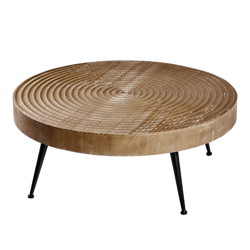 Журнальный столик с круглой фактурной столешницей из натурального дерева Vortex Коричневый Черный в Твери | Loft Concept 