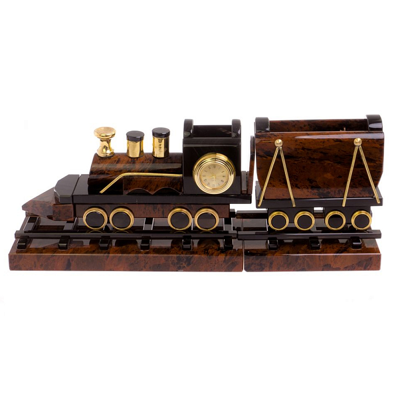 Часы настольные в виде паровоза из натурального камня Обсидиан Train Stone Clock Коричневый Золотой Часы настольные в виде паровоза из натурального камня Обсидиан Train Stone Clock Коричневый Золотой в Твери | Loft Concept