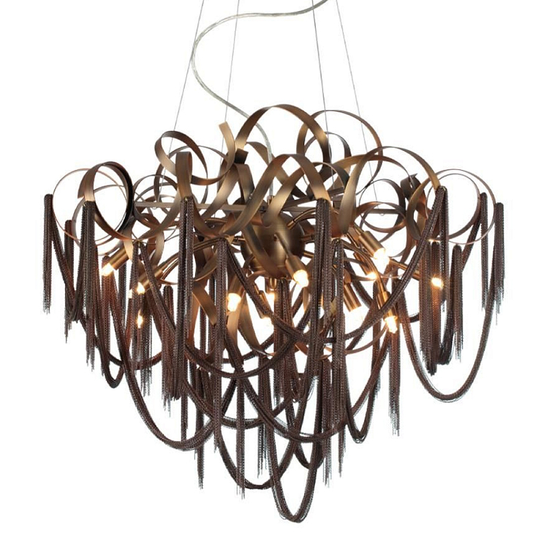 Люстра подвесная с объемной композицией из скрученных лент и металлических цепочек Atlantis Chain Черный Коричневый в Твери | Loft Concept 