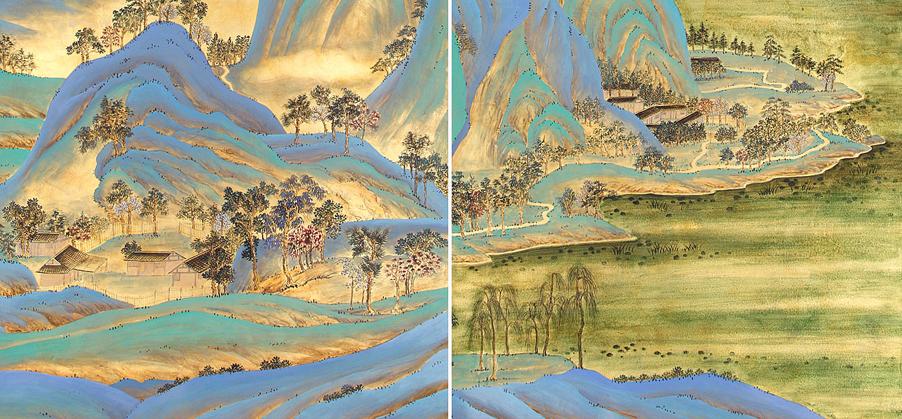 Обои ручная роспись A Thousand Li of Rivers and Mountains Original colourway on Deep Rich Gold gilded paper with gold pearlescent antiquing Обои ручная роспись A Thousand Li of Rivers and Mountains Original colourway on Deep Rich Gold gilded paper with gold pearlescent antiquing - Loft-Concept в Твери