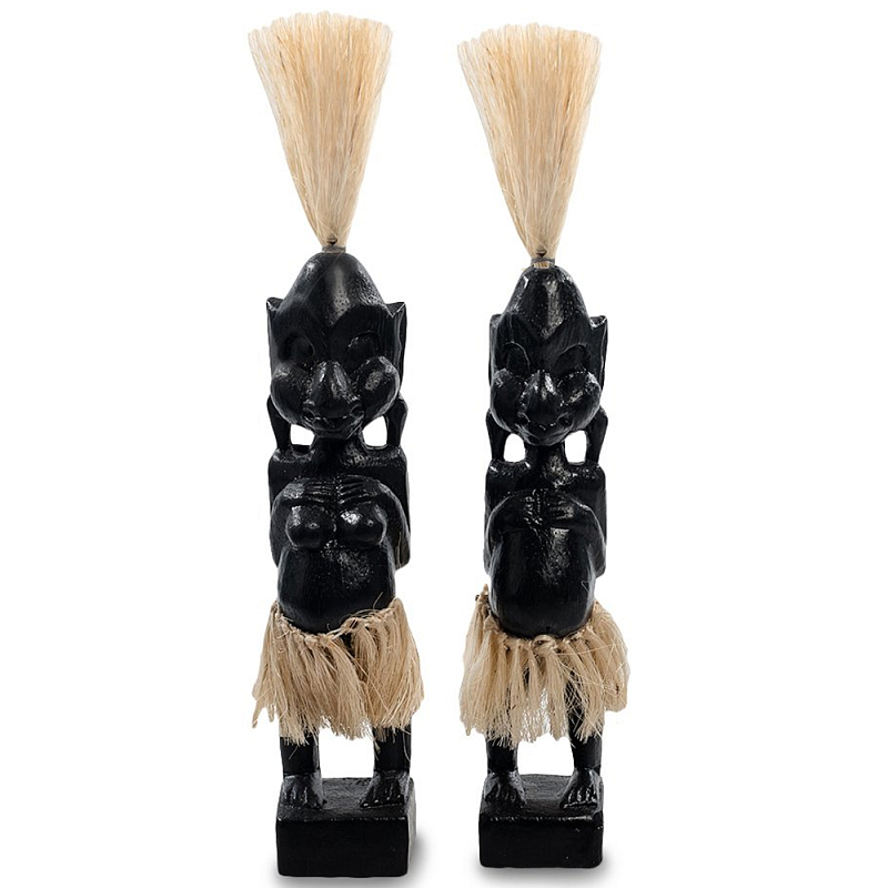 Комплект из 2-х деревянных статуэток Asmat Straw Headdress Statuettes Black Черный Бежевый Комплект из 2-х деревянных статуэток Asmat Straw Headdress Statuettes Black Черный Бежевый в Твери | Loft Concept
