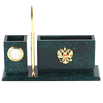 Настольный письменный набор с гербом России и часами из природного камня змеевик Successful Leader варинант исполнения - 1 | Loft Concept в Твери