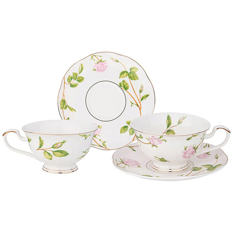 Чайный набор из фарфора белый с цветочным принтом на 2 персоны 4 предмета Flower Porcelain Collection Белый Мульти в Твери | Loft Concept 