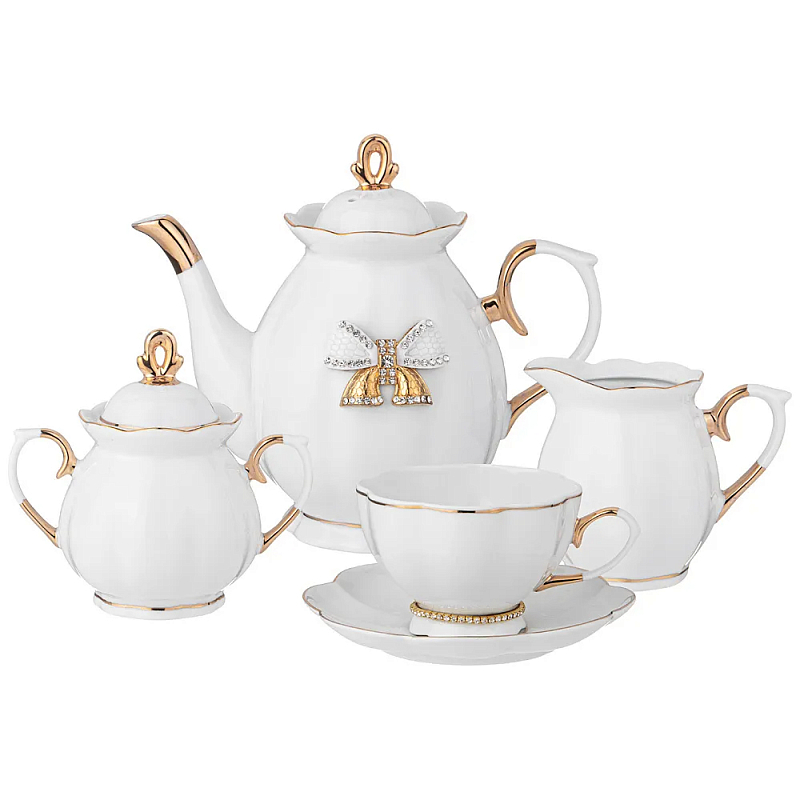 Чайный сервиз из фарфора со стразами на 6 персон 15 предметов Shine Porcelain Белый Золотой в Твери | Loft Concept 