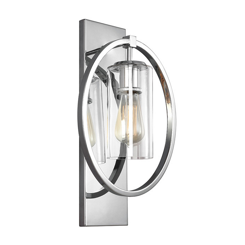 Бра цвета хром с круглой рамой и цилиндрическим прозрачным стеклянным плафоном на прямоугольном основании Feiss Хром Прозрачное Стекло в Твери | Loft Concept 