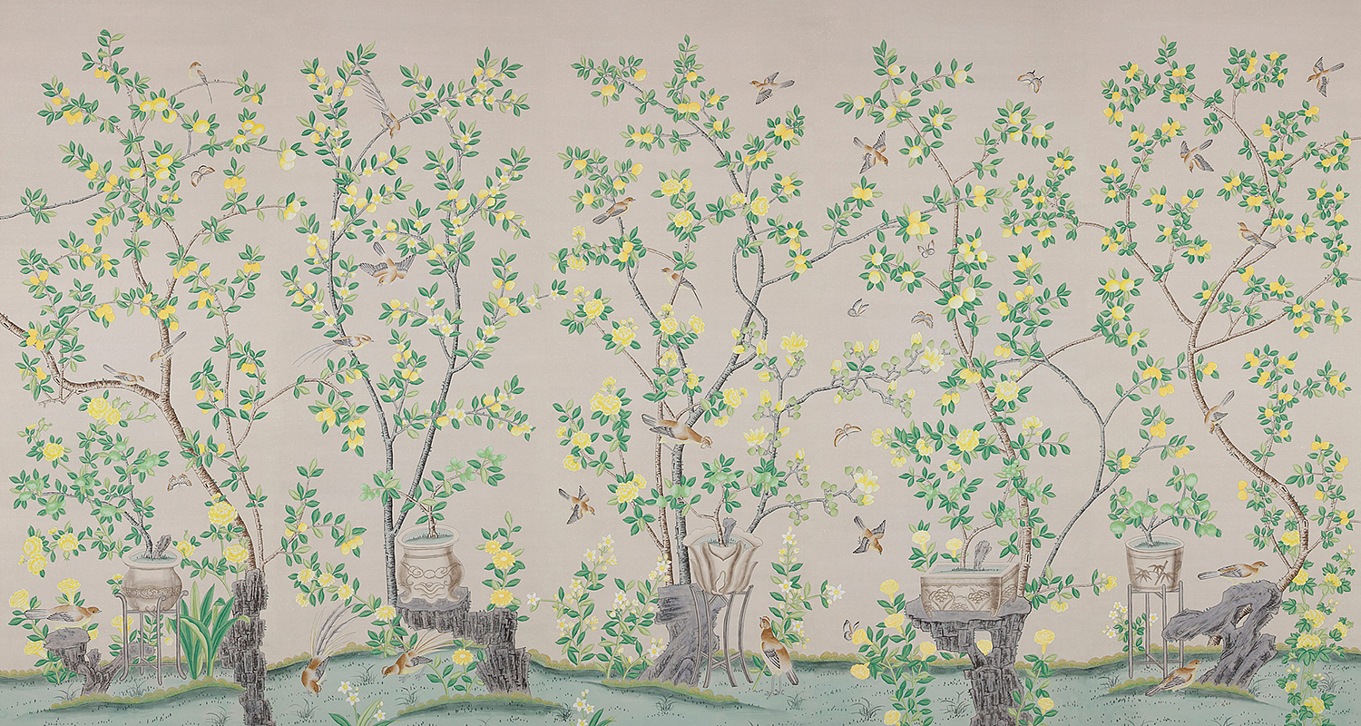 Обои ручная роспись Jardinieres & Citrus Trees Silver metallic Обои ручная роспись Jardinieres & Citrus Trees Silver metallic - Loft-Concept в Твери