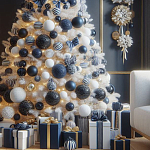 Украшенная Белая Новогодняя Елка с сине-белыми шарами и и муляжами подарков в комплекте варинант исполнения - 2 | Loft Concept в Твери