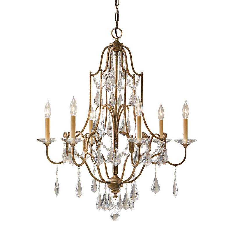 Люстра в бронзовом цвете с 6-ю лампами в форме свечей со стеклянными подвесками в классическом стиле Feiss Бронза Прозрачное Стекло в Твери | Loft Concept 