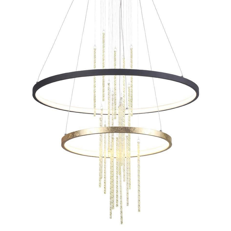 Люстра подвесная с 2-мя круглыми подвесами в черном и золотистом цвете и вертикальными подвесками Ring Horizontal Черный Золотой в Твери | Loft Concept 
