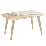 Обеденный стол с прямоугольной бежевой столешницей из стекла на 4-х деревянных ножках Beige Marble варинант исполнения - 1 | Loft Concept в Твери