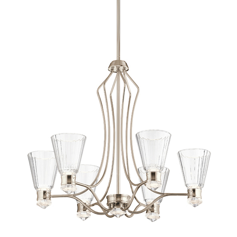Люстра цвета никель с 6-ю рифлеными стеклянными плафонами и изогнутым каркасом Kichler Никель Белый Прозрачное Стекло в Твери | Loft Concept 