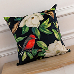 Декоративная подушка чёрная с изображением птиц и цветов Blooming Reds Birds варинант исполнения - 2 | Loft Concept в Твери