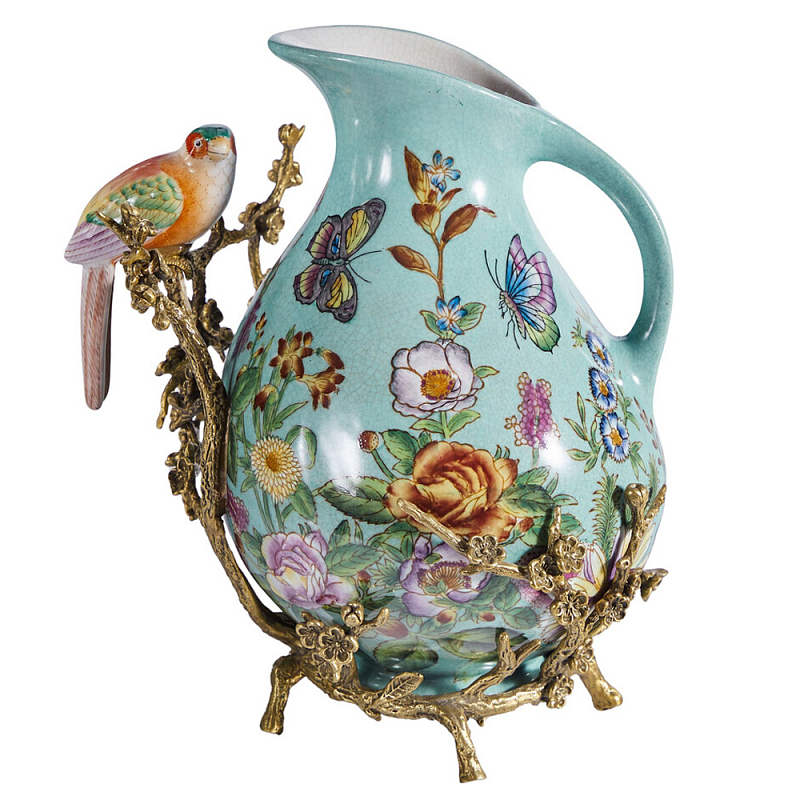 Кувшин с птичкой и  цветочным рисунком Blue Garden Голубой Бронза Мульти в Твери | Loft Concept 