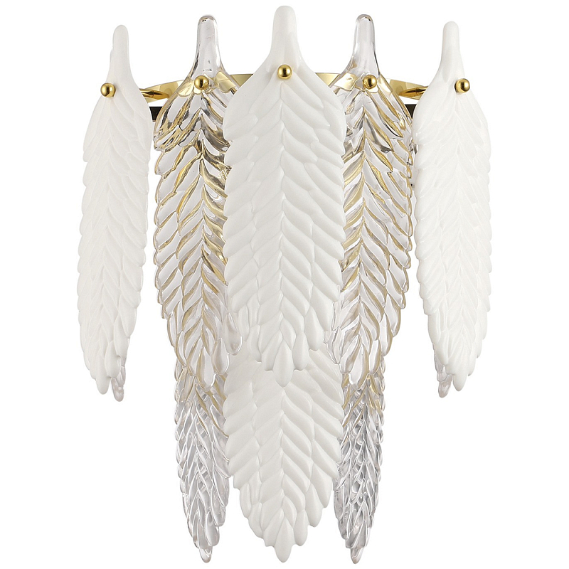Бра с декором из рельефного стекла в виде перьев Abelia Feather Wall Lamp Золотой Белый Прозрачный Бра с декором из рельефного стекла в виде перьев Abelia Feather Wall Lamp Золотой Белый Прозрачный в Твери | Loft Concept