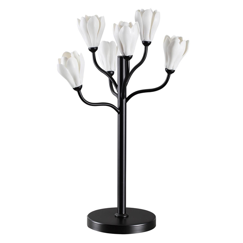 Настольная лампа с ветвями и белыми фарфоровыми цветами Floralis Черный Белый в Твери | Loft Concept 