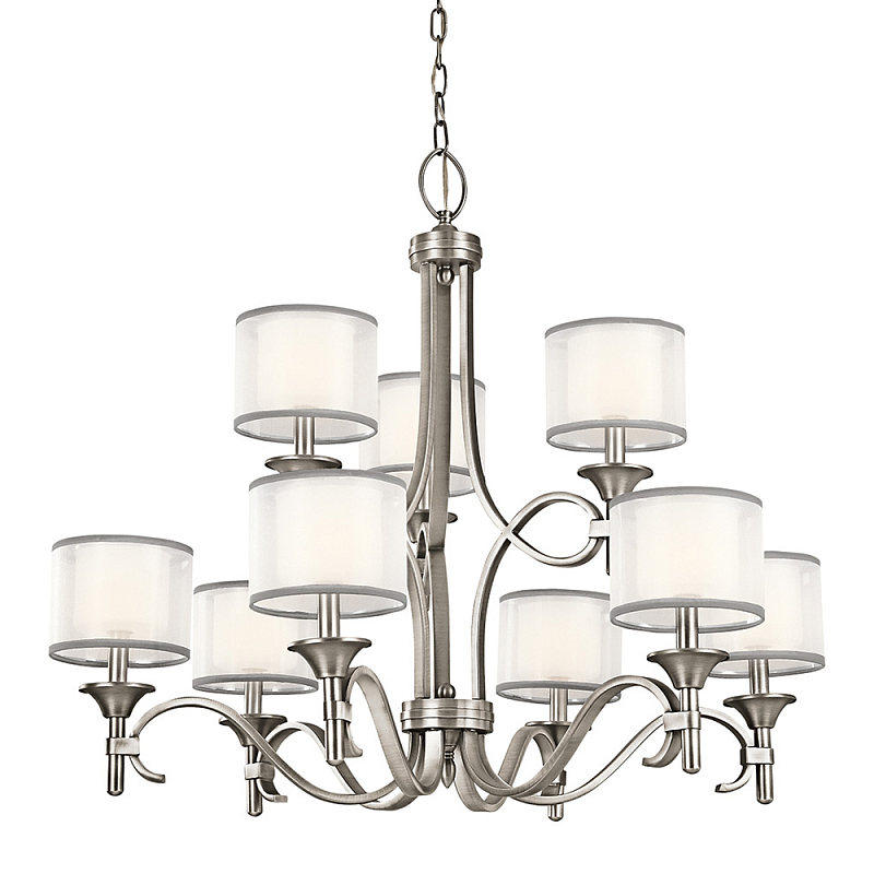 Люстра с белыми тканевыми абажурами в прозрачных стеклянных цилиндрах Kichler Белый Бежевый Никель Бронза Прозрачное Стекло в Твери | Loft Concept 
